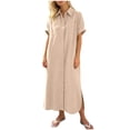 thumbnail image 2 of Sokhug Womens Maxi Shirt Dress Cotton Blend Short Sleeve Button Down Dress with Pockets Side Split Loose Casual Dresses, 2 of 6