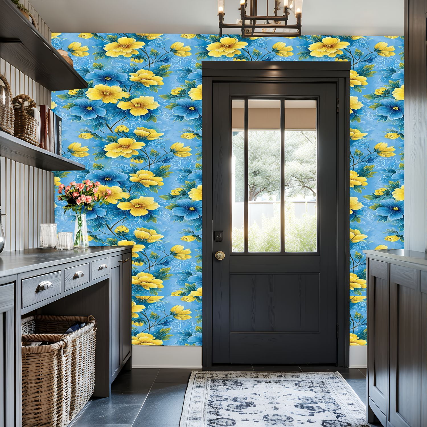Flower Peel and Stick Wallpaper 17.7in x 9.8ft Blue Yellow Floral Soft Blue Contact Paper Vinyl Waterproof Self Adhesive Wall Paper for Bedroom Shelf Cabinet Renter Friendly
