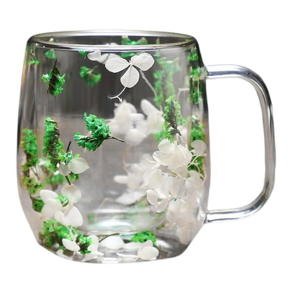 KDFWDM 250ml/390ml Double-Walled Glass Cup with Insulated Design - Transparent Coffee Tumbler Featuring Dried Flower Arrangements, Artistic Drinkware for Hot and Cold Beverages