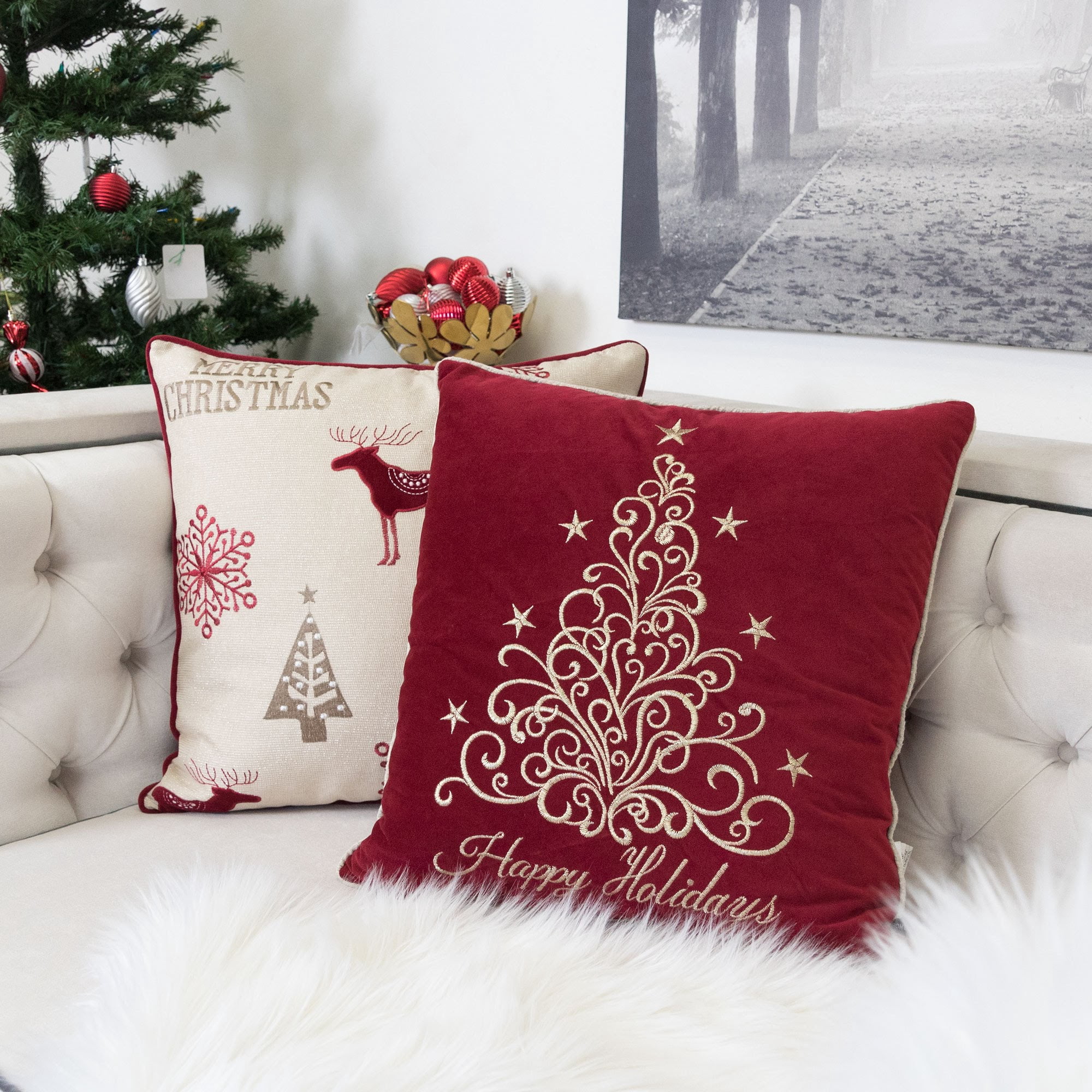 Velvet Happy Holidays Gold Embroidered Christmas Tree Pillow 20x20 Inch Holiday Decor