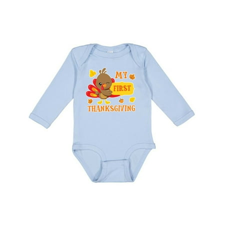 

Inktastic My First Thanksgiving with Turkey and Leaves Gift Baby Boy or Baby Girl Long Sleeve Bodysuit