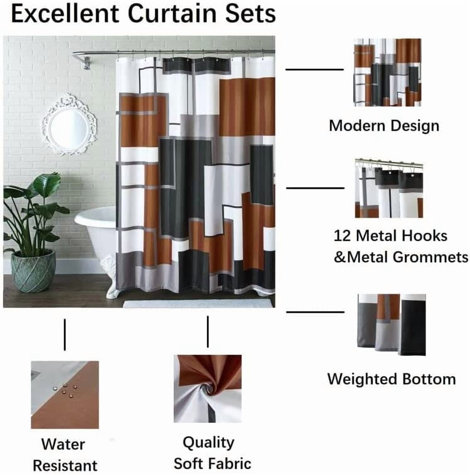 Taupe Modern Geometric Shower Curtain Brown,Brown and Black White Waterproof Shower Curtain Set for Bathroom Restroom with 12 Metal Hooks, 72 x 72 inch