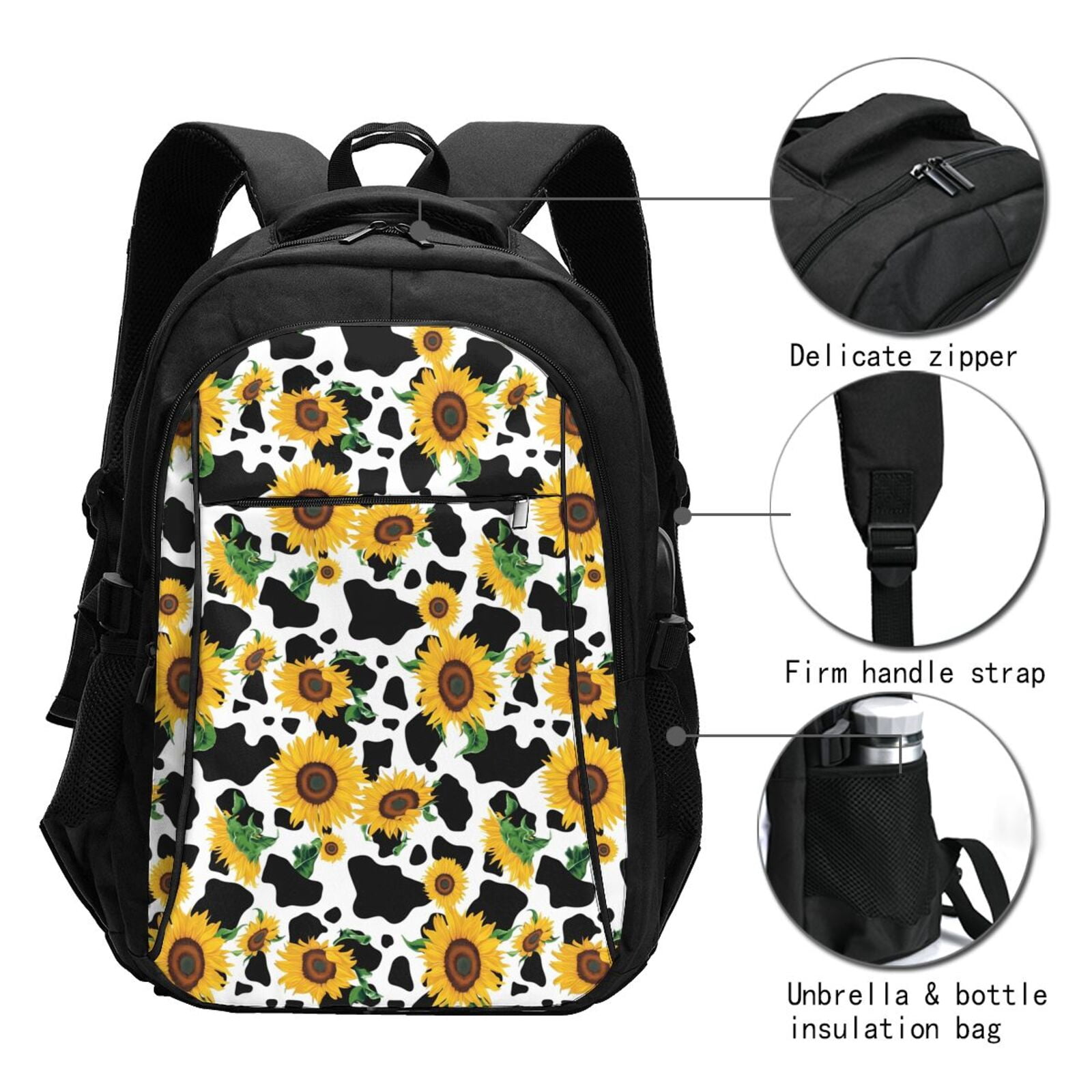 Vsdgher Cute Cow Print Sunflower D Print Travel Laptop Backpack, Laptops Backpack with USB Charging Port, Water Resistant Computer Bag Gift for Men & Women