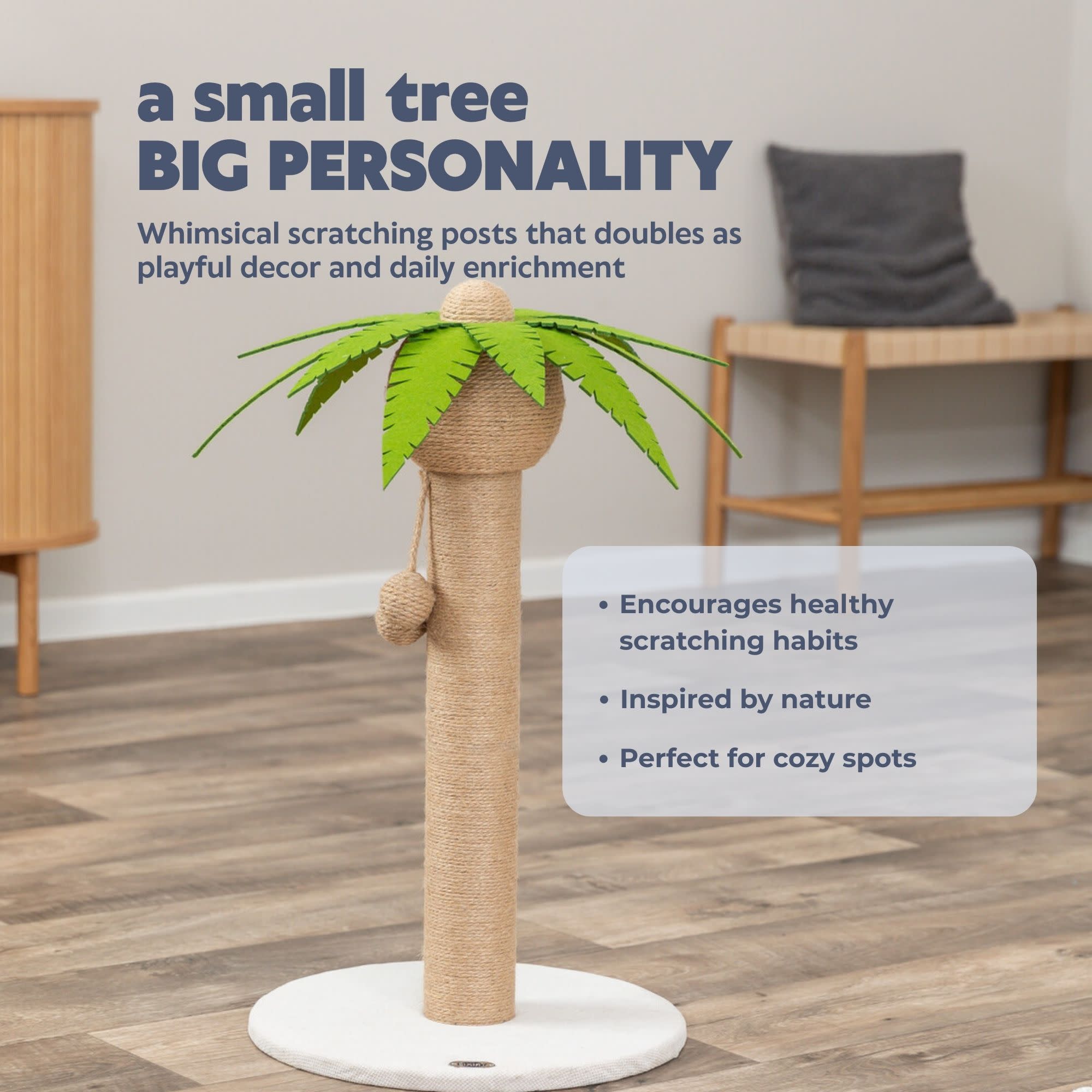 TRIXIE Palmela 25" Jute Scratching Post  - Cute Whimsical Cat Palm-Tree with Dangling Toys - Indoor Cat Scratcher Furniture