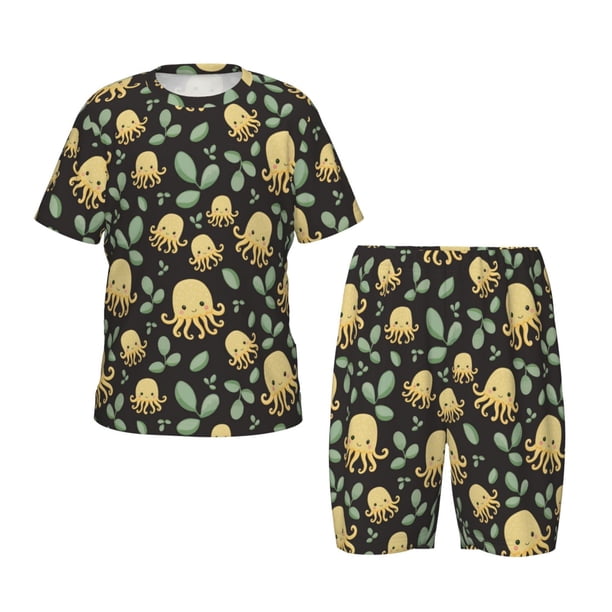 Balery Octopuses And Leaves Conjunto de Pijama Infantil de Manga Corta con Estampado – Ropa de Dormir de Algodón Suave-X-Large