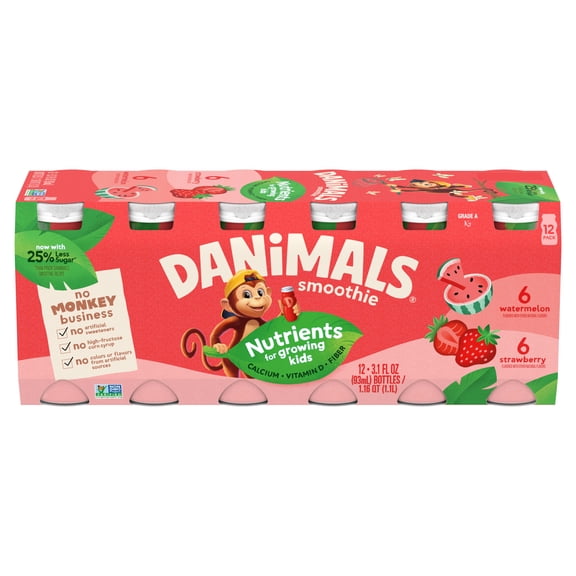 Danimals Smoothie Strawberry and Watermelon Low Fat Dairy Drink Smoothie Bottles Multi-Pack, 3.1 fl oz, 12 Count​