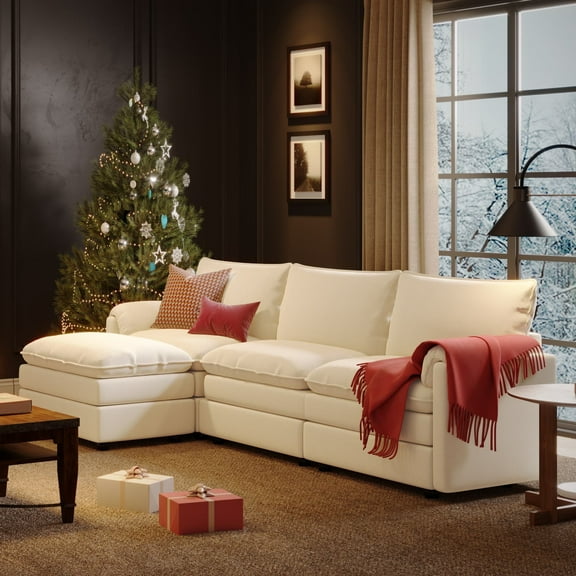 FLEXISPOT SF6 Cloud Sectional Couch with Storage Seat for Living Room with Reversible Ottoman, 100.4" L-Shaped Modular Sectional Sofa with Storage, 3-Seater Comfy Sofa Couch for Apartment, White