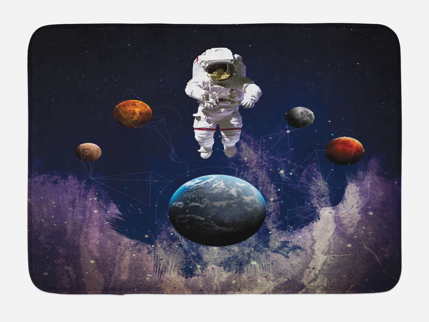 Outer Space Bath Mat, Astronaut in the Outer Space with the Globe Satellite Energy