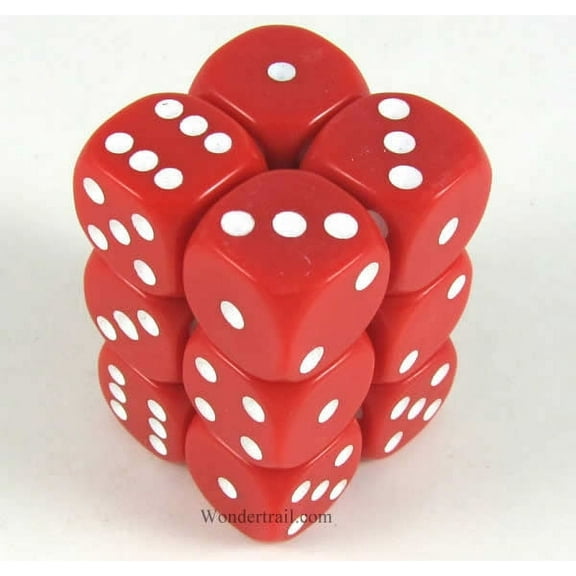 Red Opaque Dice with White Pips D6 16mm (5/8in) Pack of 12 Koplow Games