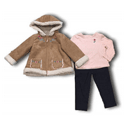 Little Me Girls Tan Floral Fleece Jacket,Pink Shirt and Blue Denim Leggings 2T