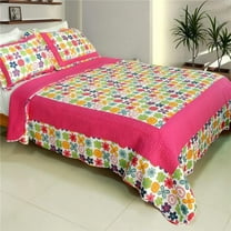 Simple Happiness - 100 Percent Cotton  3 Pieces Vermicelli-Quilted Patchwork Quilt Set  Full & Queen Size - Pink