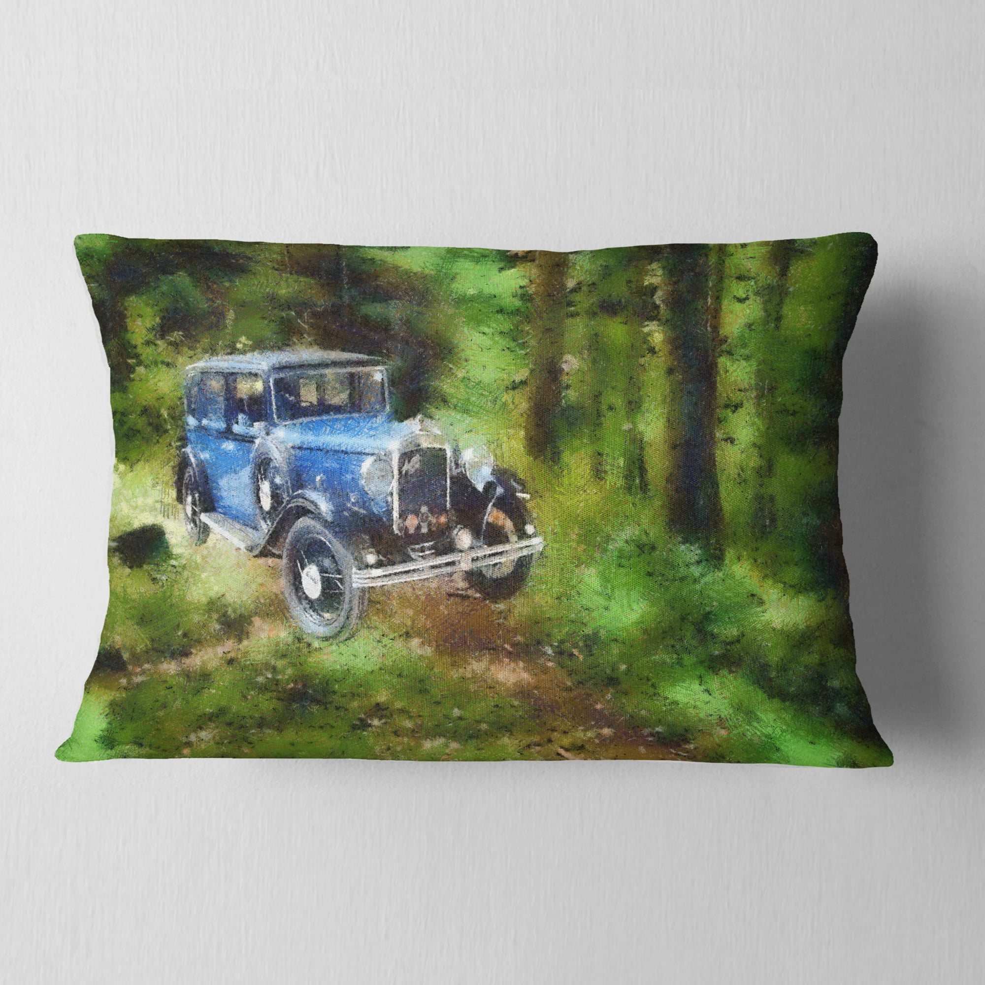 Designart Dark Blue Vintage Car Oil Painting - Car Throw Pillow - 12x20