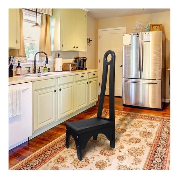 HHBEAUTY Wooden Step Stool with Tall Handle, One Step Stool for Adults with Non-Slip Mat, Multipurpose Step Stools for Adults for Kitchen, Bathroom and Bedroom, Black