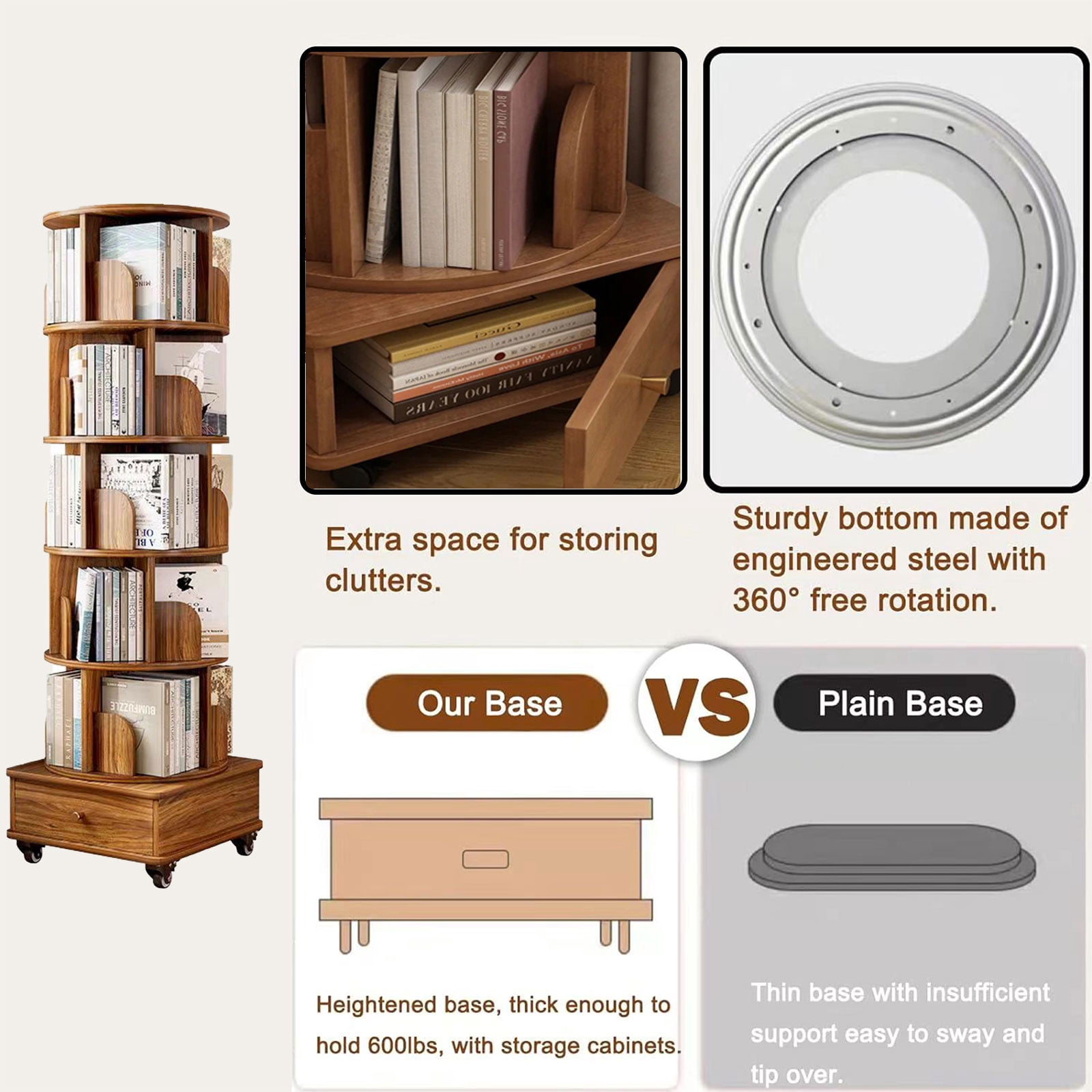 Rotating Bookshelf, 360° Display Round Rolling Bookshelf with Wheels and Drawer, Space-Saving, Small Space Rotating Bookshelf Tower for Bedroom, Living Room, Home, Office, Rustic Brown