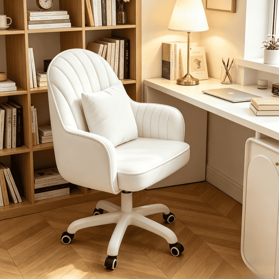 BTFYOU Height Adjustable Rolling Velvet Vanity Chair, Mid-Back Swivel Desk Chair with Wheels, Multi-scene Accent Chair for Bedroom & Home Office,White