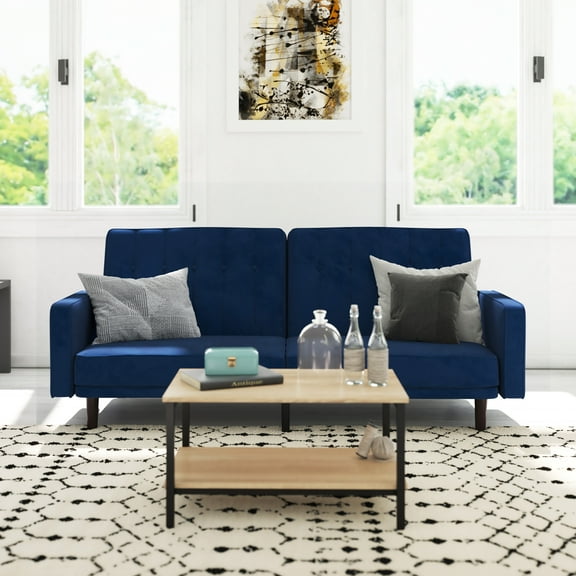 Emma Oliver Plush Padded Velvet Upholstered Split Back Sofa Futon with Vertical Channel Tufting and Wooden Legs in Navy