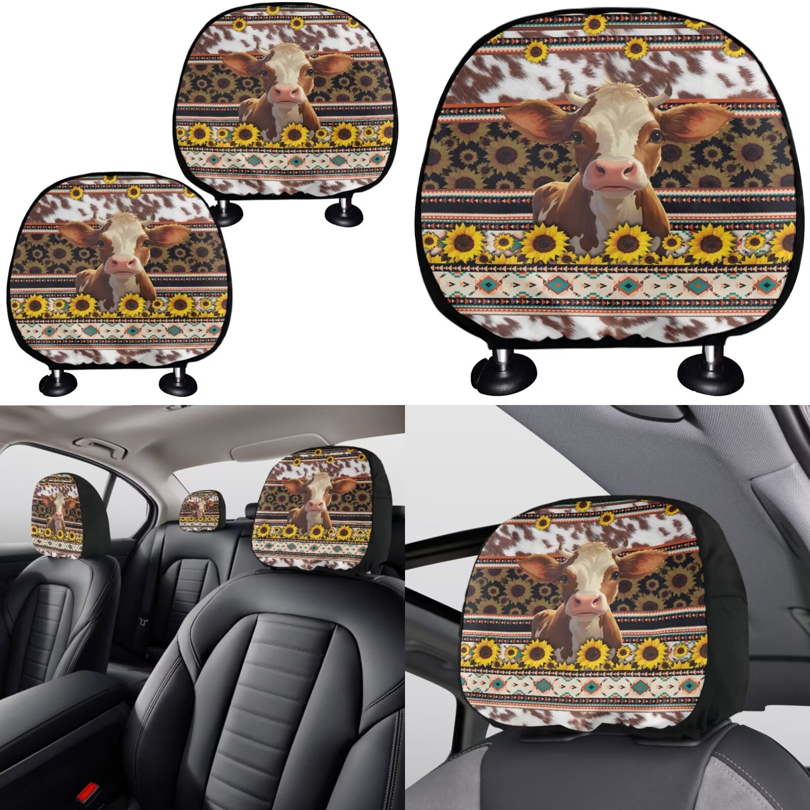 Garronmavis Aztec Highland Cow Sunflower Car Accessories Set with Steering Wheel Wrap Gear Shift Cover Handbrake Sleeve Headrest Protectors Cup Coasters Lightweight Auto Accessiores Universal Fit