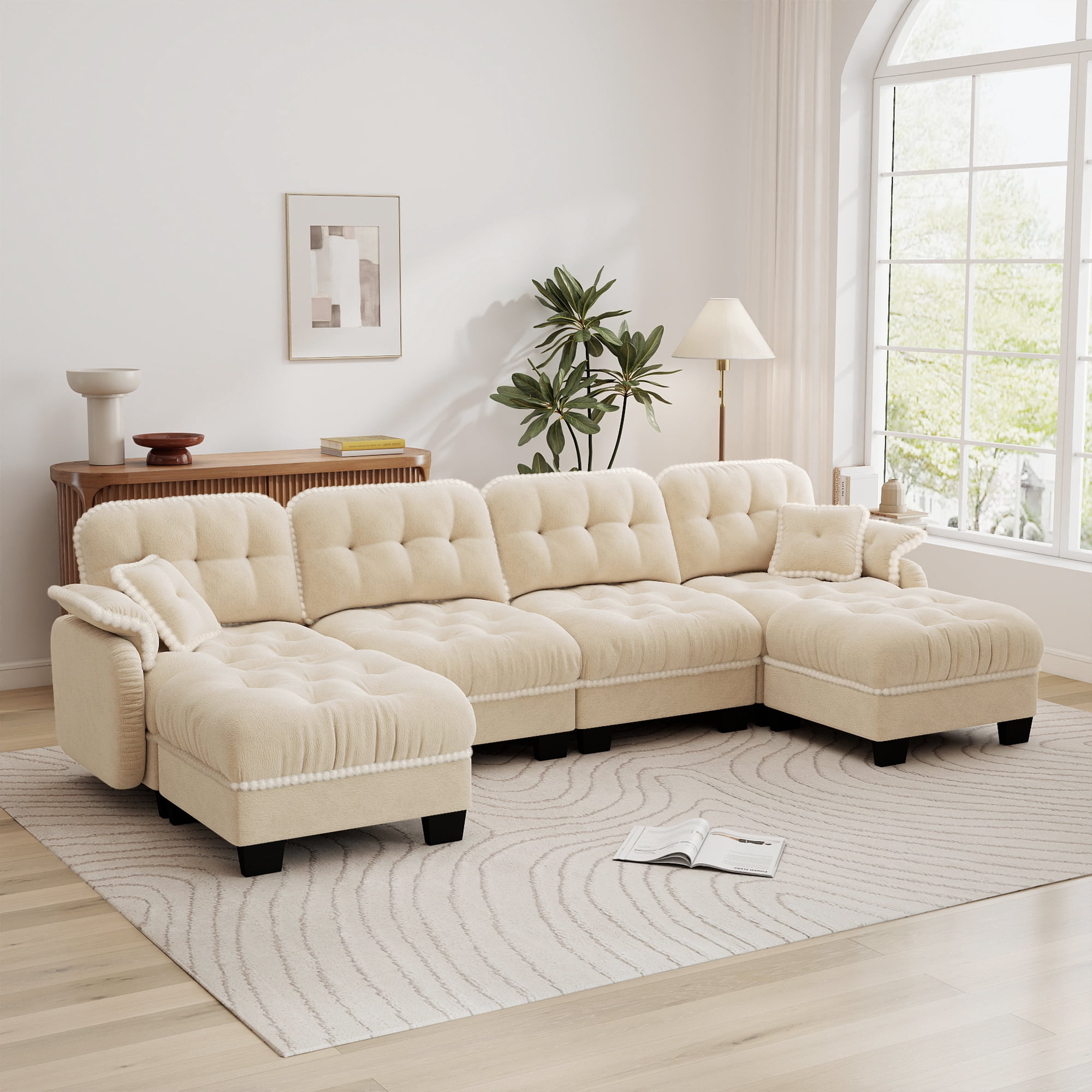 Aenkyo 131.5" Chenille Modular 4-Seater Sectional Sofa with 2 Movable Ottomans, Beige