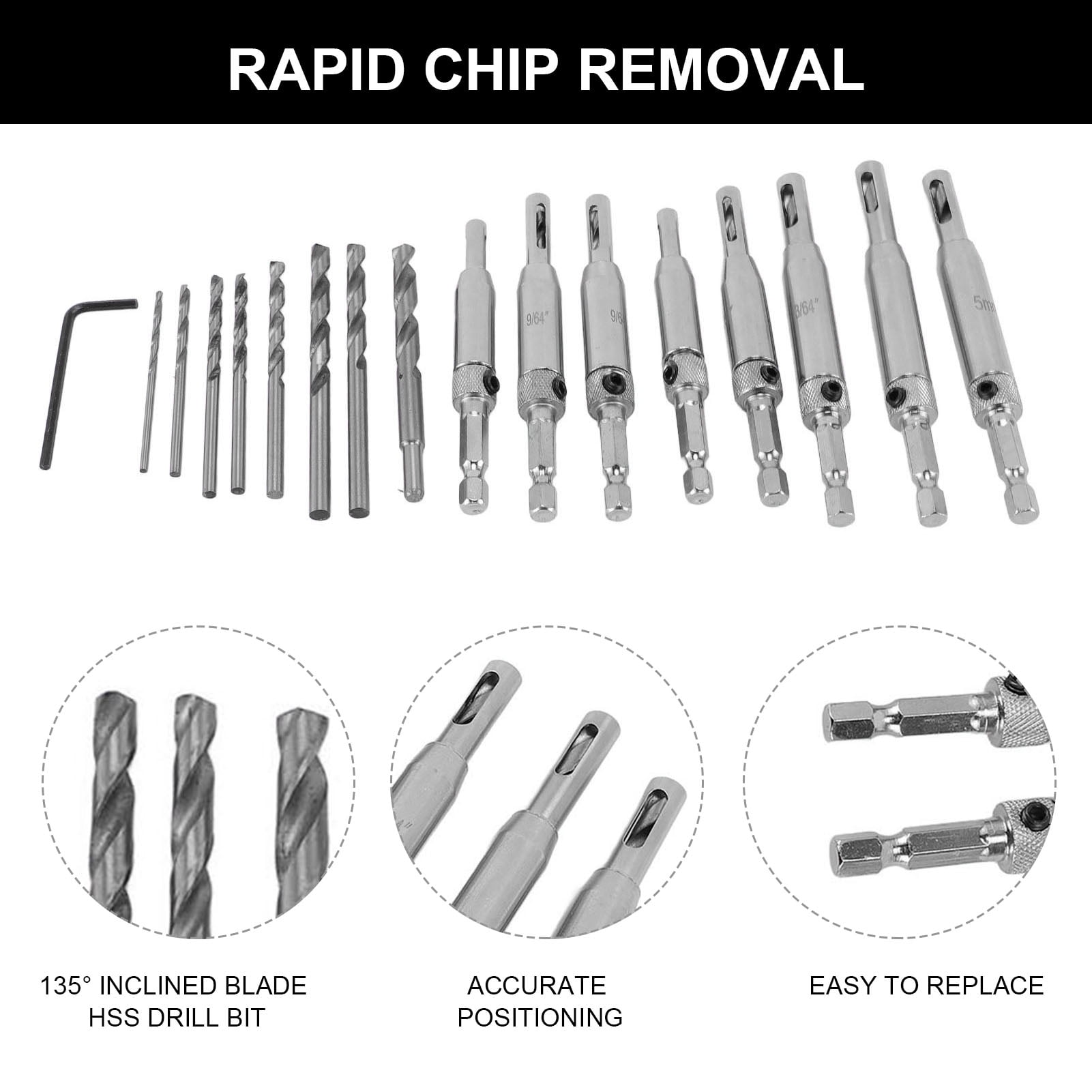 BIMZUC 17-Piece Self Centering Drill Bit Set High Speed Steel Hex Shank Hinge Tapper Core Tools for Woodworking Doors and Windows