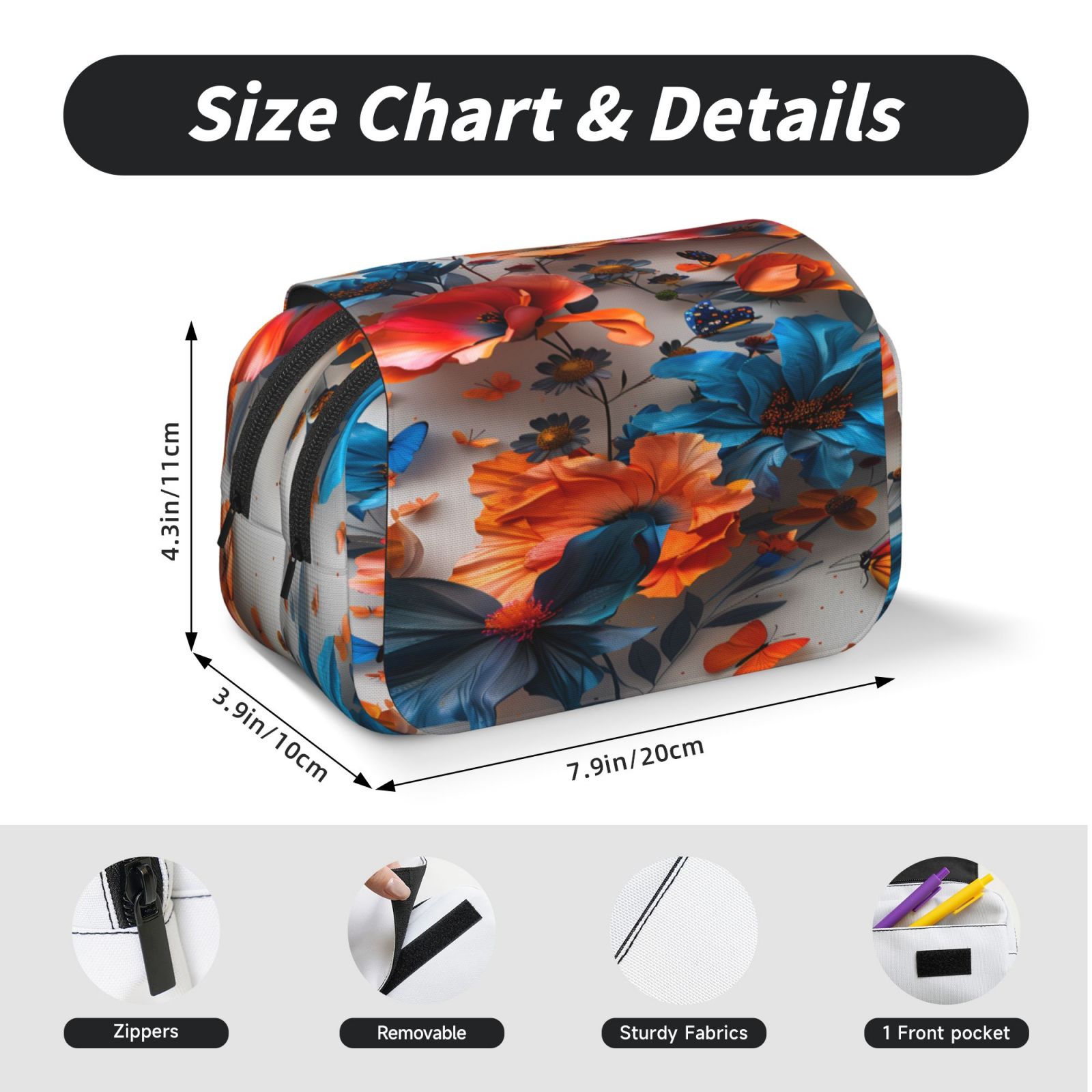 Rateoe 3D Butterfly Pattern Double Clamshell Pen Case, Storage Organizer with Two Zipper Compartments– Holds Up to 50 Pencils & Pens