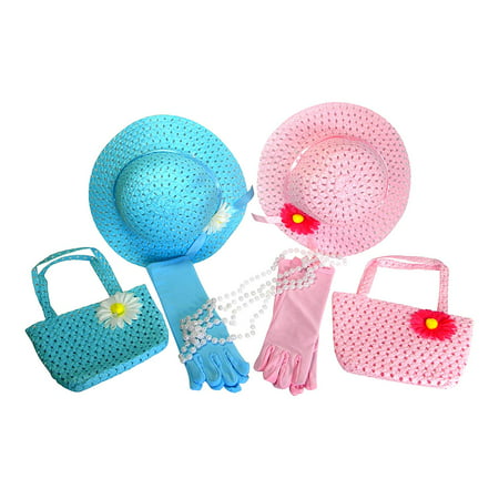 Girls Tea Party Hats Dress Up Play Set For 2 with Sun Hats Purses Gloves and Pearl Necklaces - Blue and