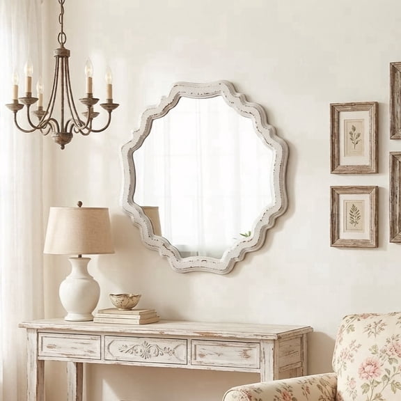 Sintosin Rustic Wooden Round Mirror, 15.7" Scalloped White Vanity Mirror for Bathroom or Living Room Decor
