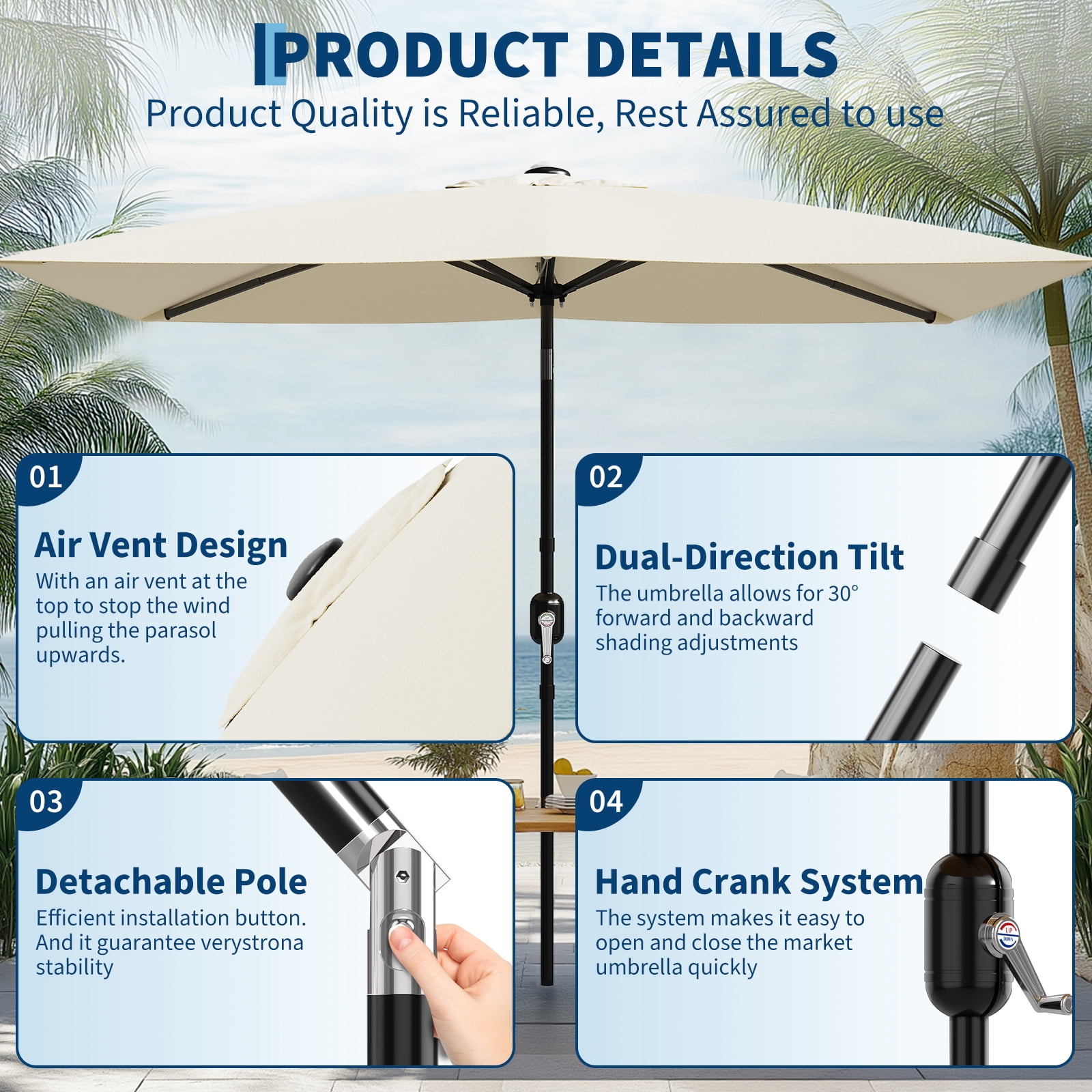 10' x 6.5' Patio Umbrella, Outdoor Table Umbrella, Metal Pole Square Outdoor Umbrella with Crank and Push Button Tilt,  Market Umbrella Sun Umbrella for Garden, Deck, Lawn, Pool-No Lamp&No Base