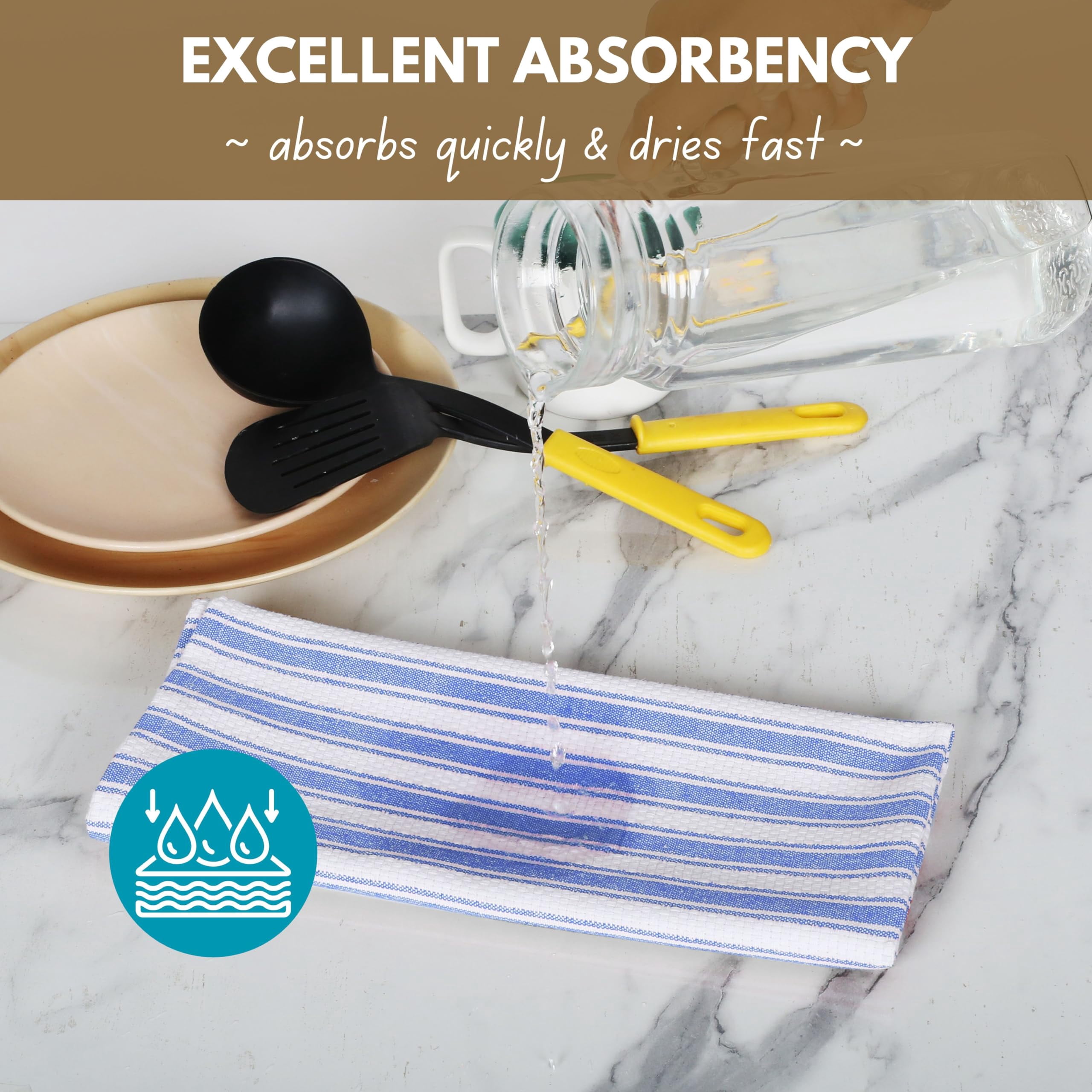 Native Fab Striped Kitchen Towels Set of 12, 100% Cotton, 16"x26", Quick Dry Dish Cloths, Sky Blue White
