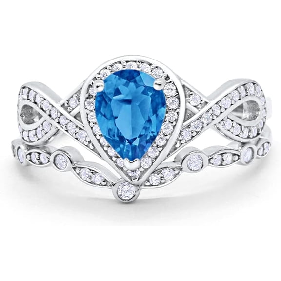 Gems Jewels 14K White Gold Plated 925 Sterling Silver 2.50 Ct Pear Cut Blue Topaz Wedding Engagement Thanksgiving Christmas Bridal Ring Set For Women's -5