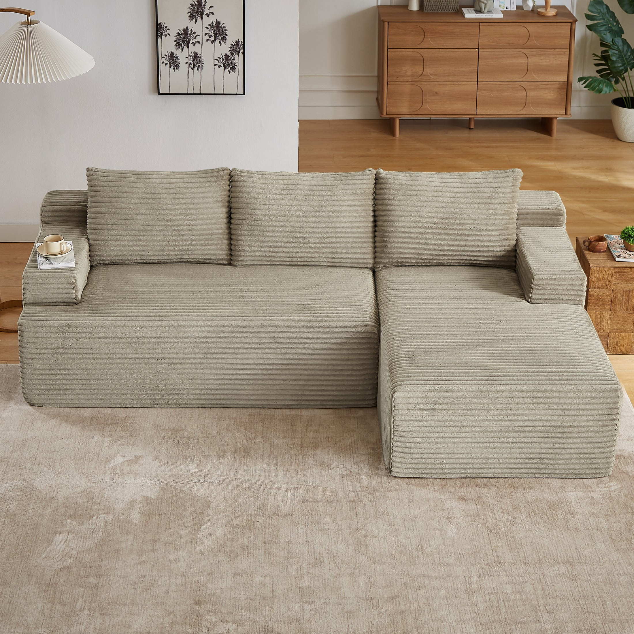 Aukfa 96" L-Shaped Cloud Sectional Sofa, Modular Boneless Couch with Deep Seat, Right-Facing Chaise, Corduroy Sleeper Sofa for Living Room, Camel
