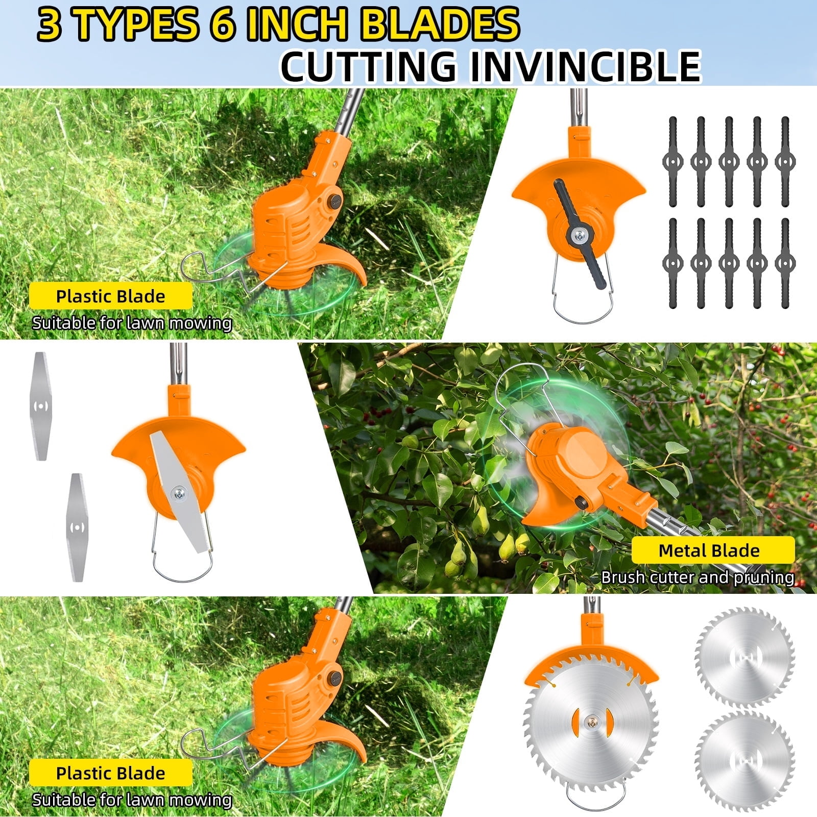 Paddsun Electric Weed Wacker Battery Powered,Cordless String Trimmer Edger with Wheels 3 Function Blades Cutter for Yard and Garden