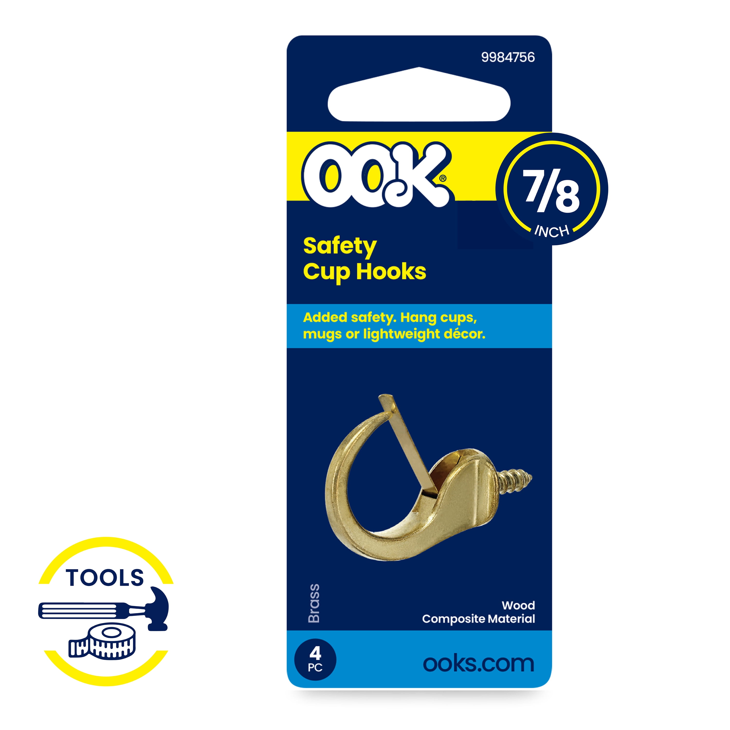 (3 pack) Ook Safety Cup Hooks, 7/8", 0.5 lbs, Screw Hooks, Steel, Brass Finish, Gold, 4 pack