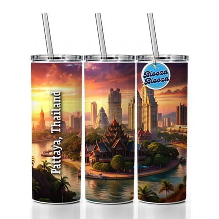 Pattaya, Thailand Travel City Country Stamp 20oz Insulated Water Bottle Skinny Tumbler Includes Straw