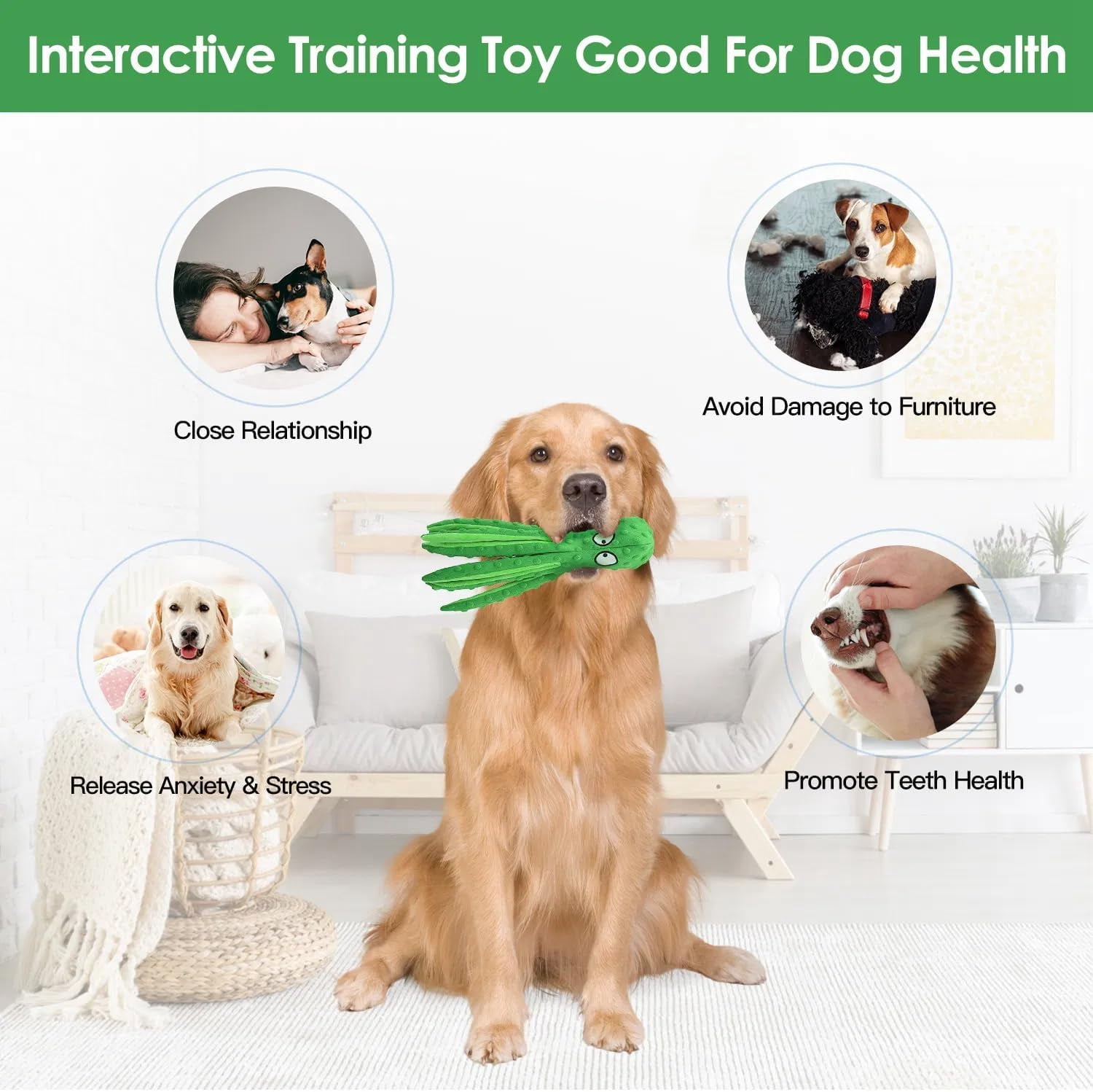 PUPIX 2 Pcs Squeaky Dog Toys No Stuffing Plush Octopus Dog Toy with Crinkle Legs Interactive Dog Teething Training Toy for Puppy Small Medium Large Dogs Stress Relief Chew Play Toys (Green & Orange)