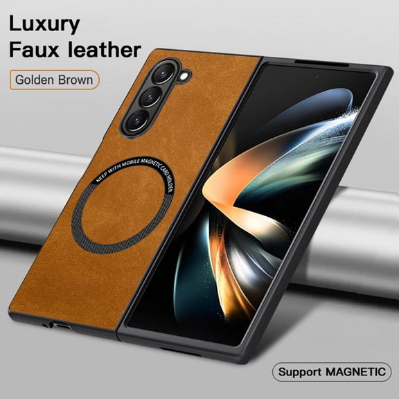 ELEHOLD For Samsung Galaxy Z Fold 7 Magnetic Case, Shockproof Ultra Slim Luxury Leather Magnetic Drop Protection Cover Full Lens Protection, Brown