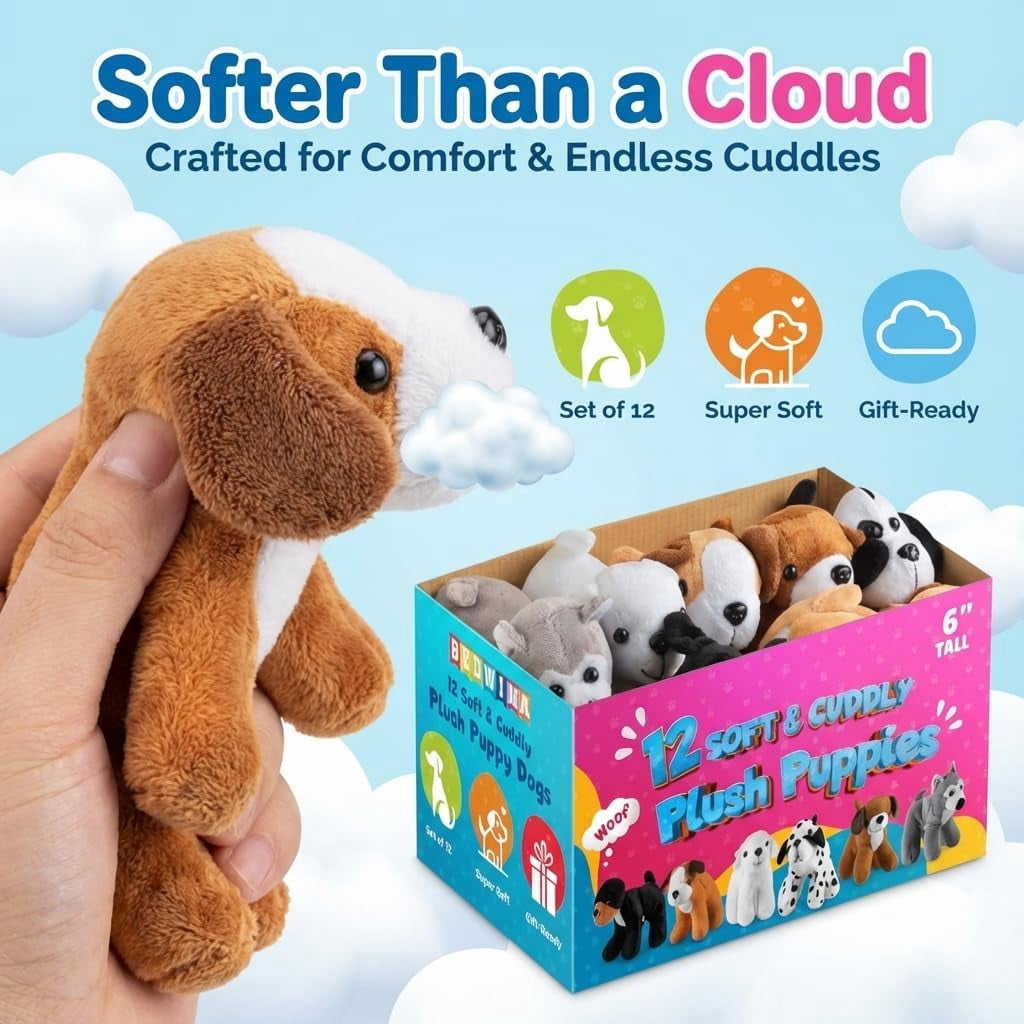Bedwina Plush Puppy Dogs Pack of 12 – 6 Inch Soft Stuffed Animals Bulk Assorted Cute Dog Plush Toys for Kids, Stocking Stuffers, Birthday Gifts