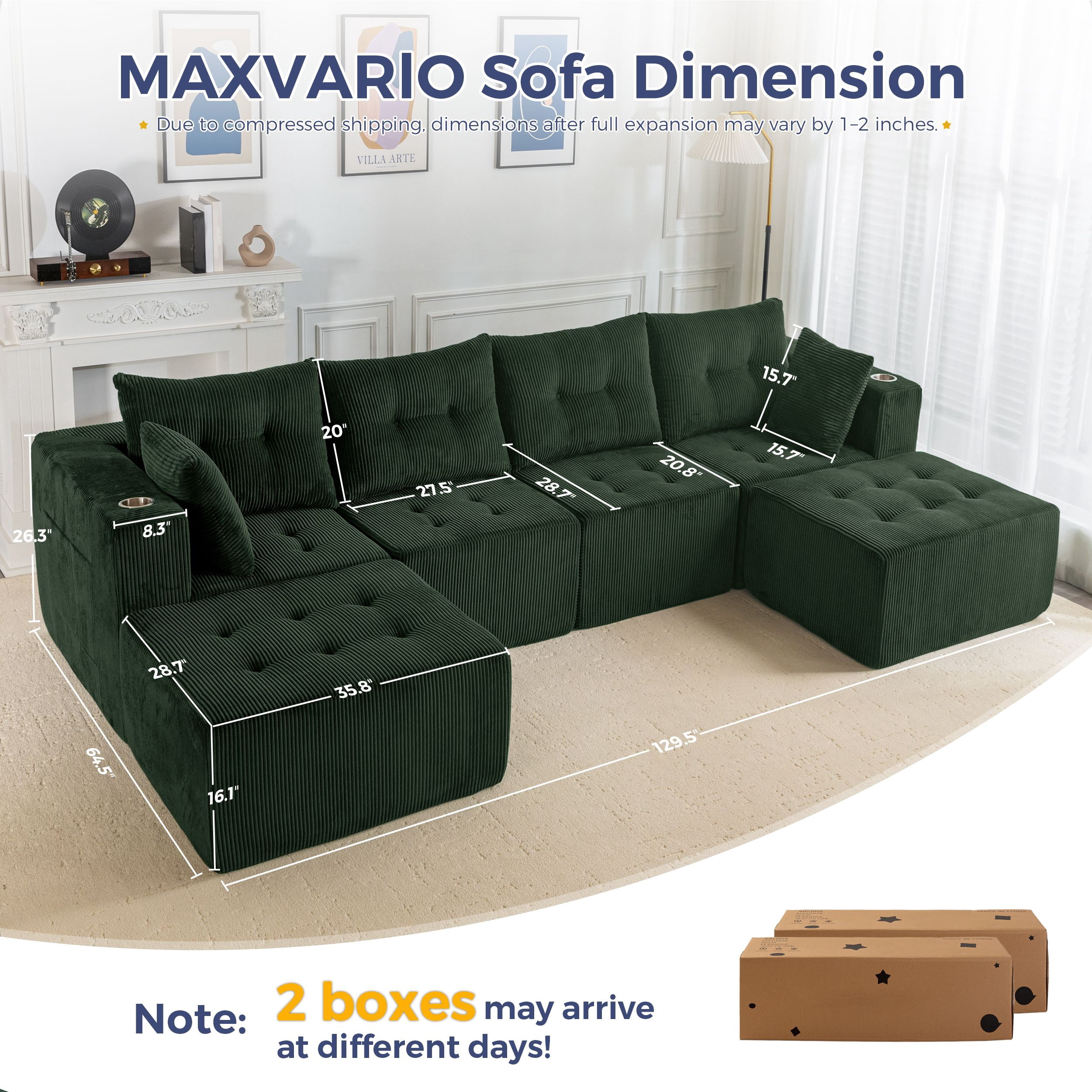BYBYME Cloud Sectional Couch with U-Shape Chaise Modern Comfy Modular Corduroy Sofa for Living Room,Tufted 6-Seat Sleeper Chair with 2 Ottoman,Sofa in A Box,No Assembly Required,Green