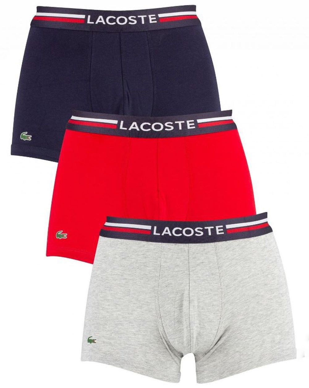 Grey/Red/Navy Lacoste Colours Collection 3 Pack Cotton Stretch Boxer Trunks 