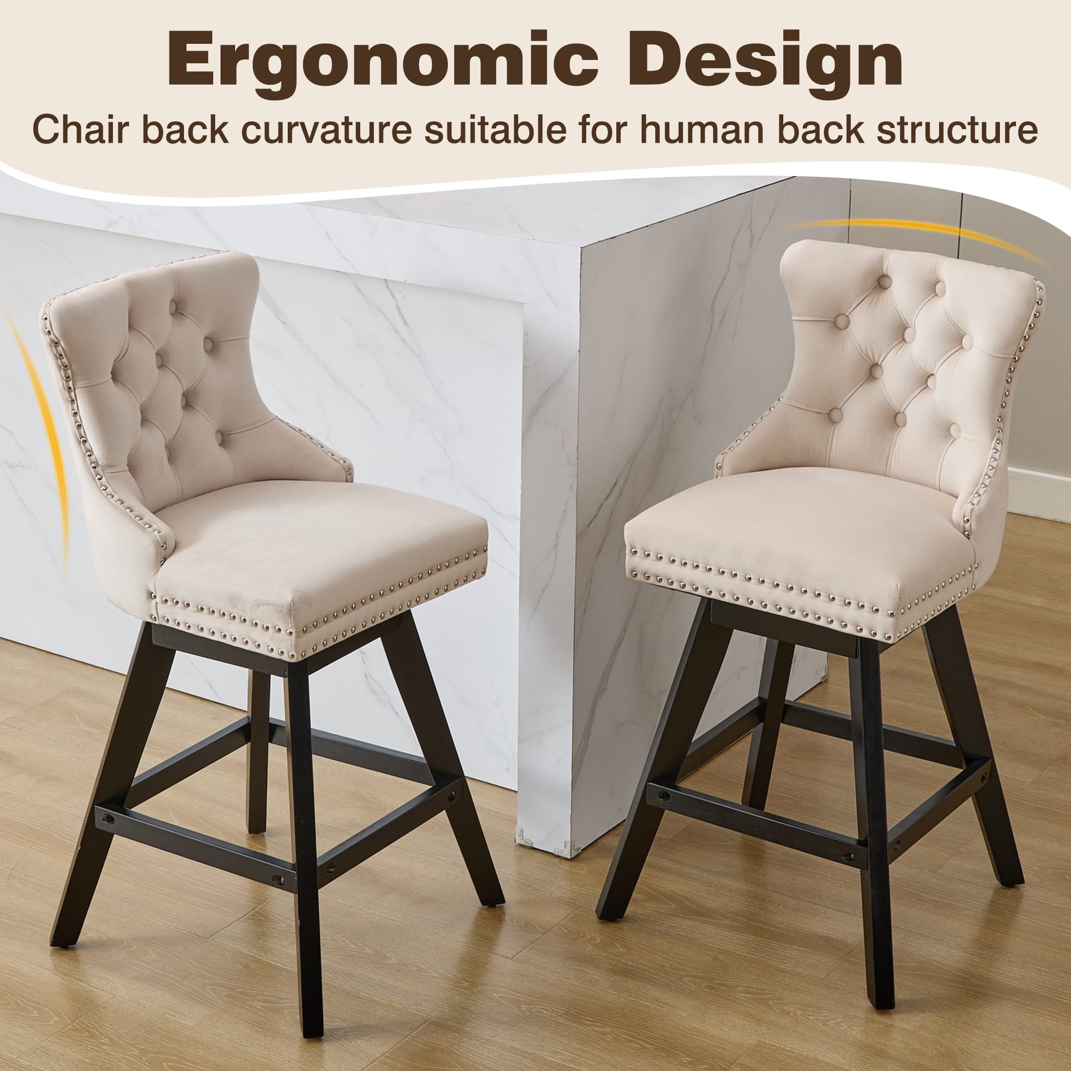 Swivel Bar Stools Set of 2, Velvet Counter Height Bar Stools with Back, Swivel Dining Chair with Button Tufted and Wooden Legs, Kitchen Chair Counter Stools for Kitchen Island Kitchen Counter, Beige