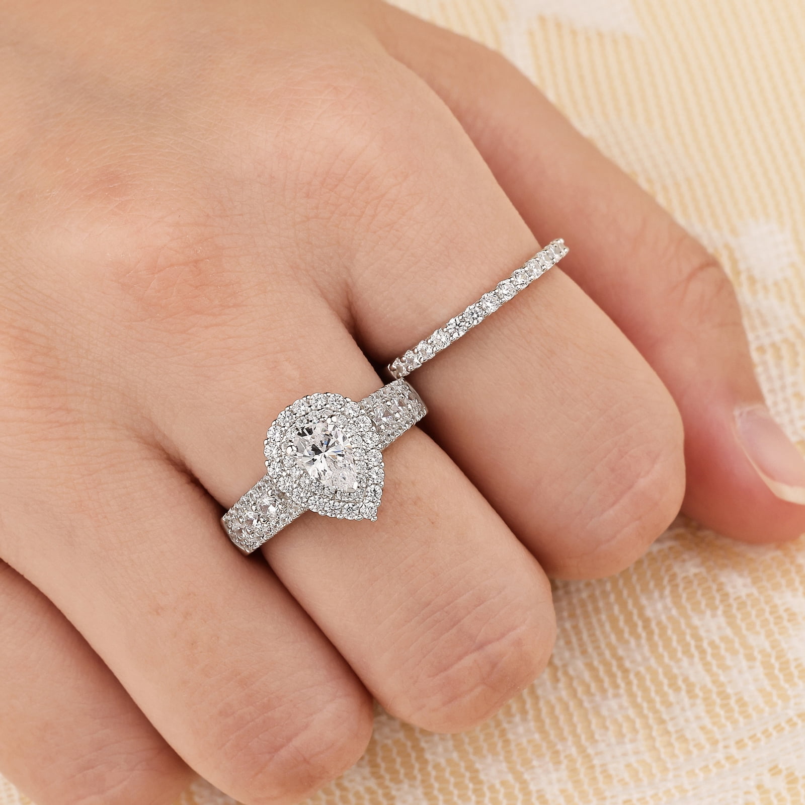 Newshe Jewellery 2 Ct Moissanite Bridal Ring Sets Double Halo Pear Cut Engagement Promise Rings for Women Size 8