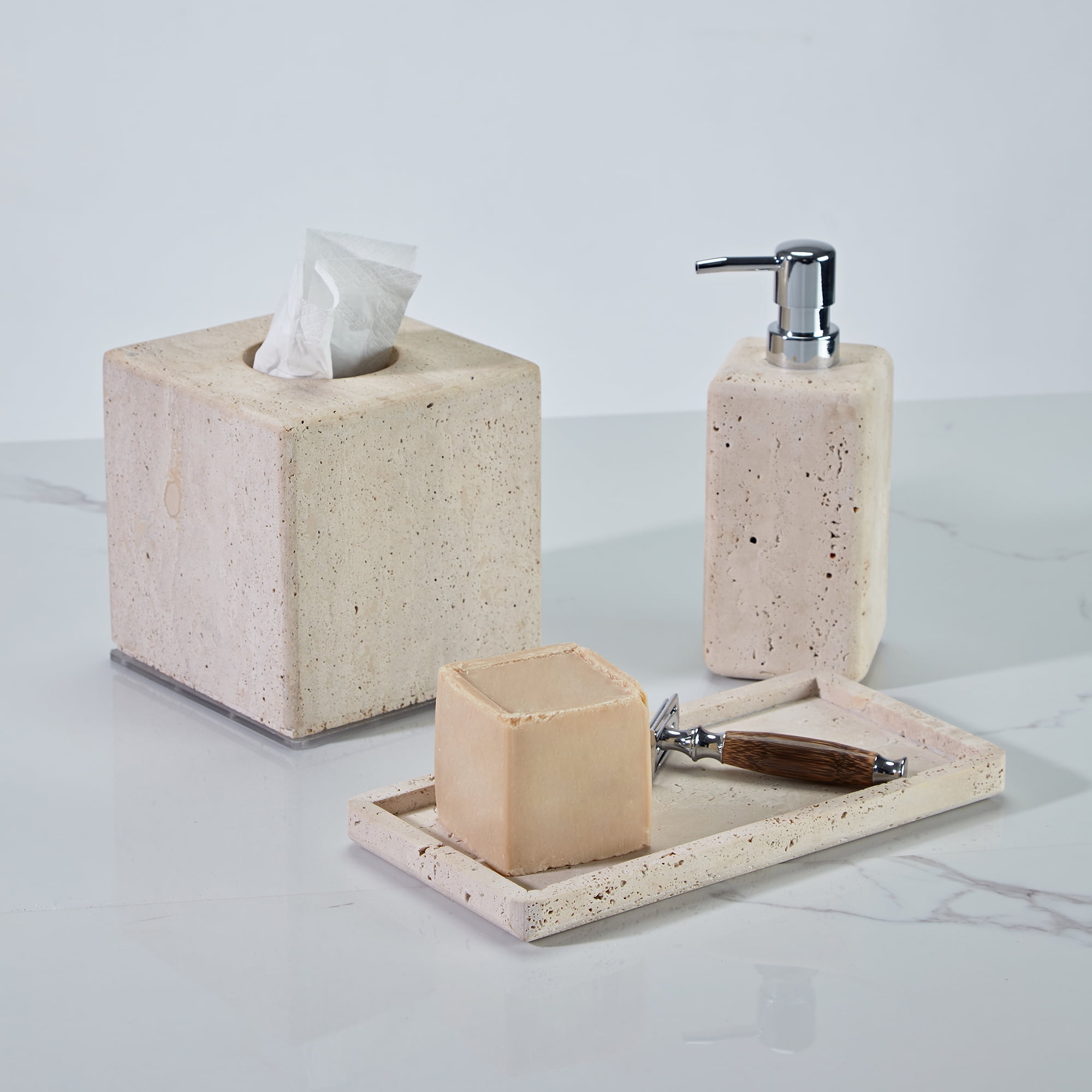 Sturdy Rectangle Travertine Wasetbasket 7.48 Inch W x 7.48 Inch D x 10 Inch H, Organic Trash Can, Natural Garbage Bin, Trash Bin for Bathroom, Home Office