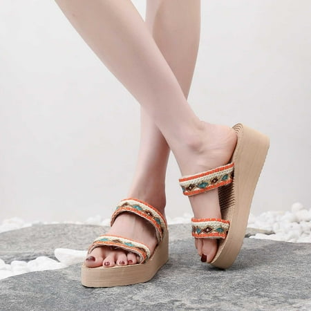 

AXXD Wedge Sandals for Women 7.5 Summer Straw Sandals Holiday Ethnic Style Flip-flops Sandals