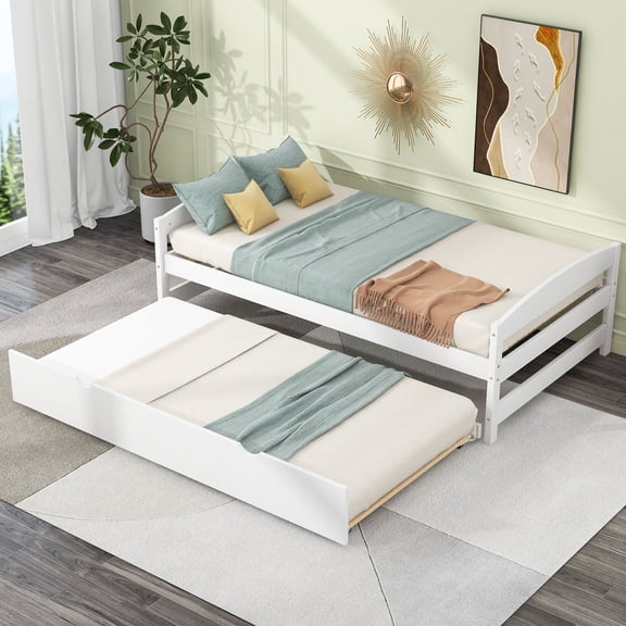 Twin Sturdy Construction Platform Bed Mattress Foundation with Twin Size Trundle, Bed Frame Storage Bed w/ Wooden Slats for Boy Girl, No Box Spring Needed, Easy Assembly