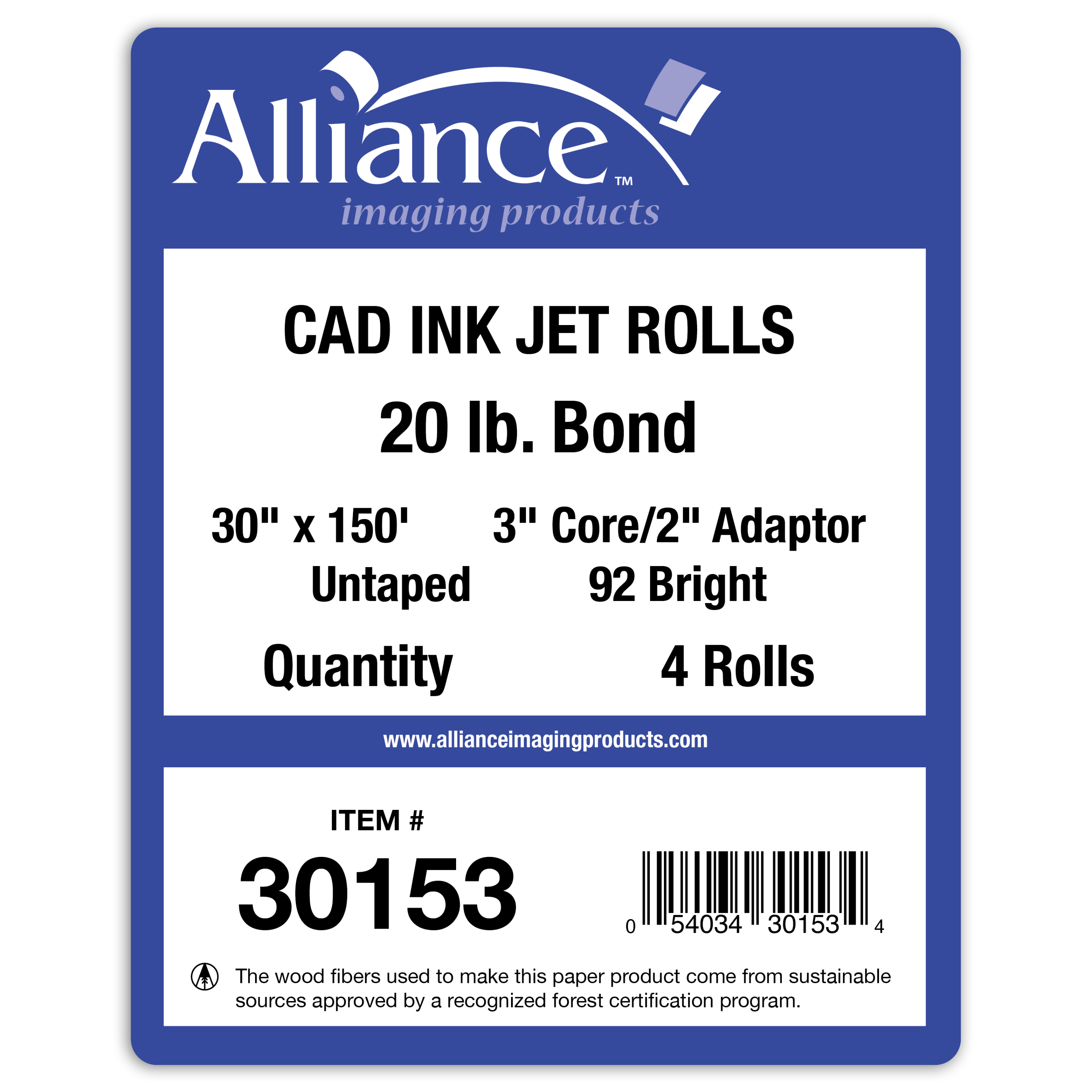 Alliance Wide Format Paper 30" x 150' CAD Bond 20lb | 92 Bright | 4 Rolls | 3" Core w/ 2" Adapter