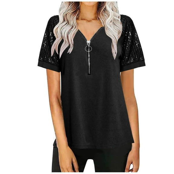 Womens Plus Size,Women Tops Casual V-Neck Patchwork Zipper Short Sleeve Loose Comfortable Blouse