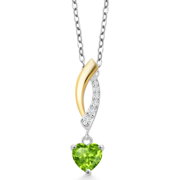 Gem Stone King 925 Sterling Silver and 10K Yellow Gold Green Peridot and White Lab Grown Diamond Pendant Necklace for Women (0.55 Cttw, Heart Shape 5MM, with 18 inch Chain)