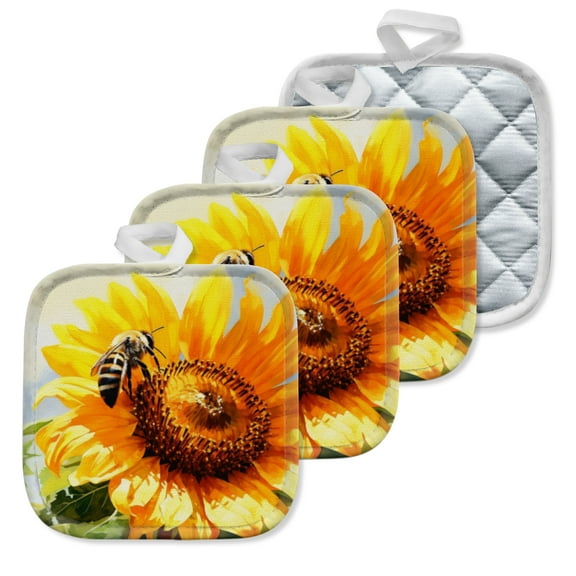 4 Pack Pot Holders,Kitchen Essential, Potholder Set,Bee On A Sunflower In An Oil Style Painting