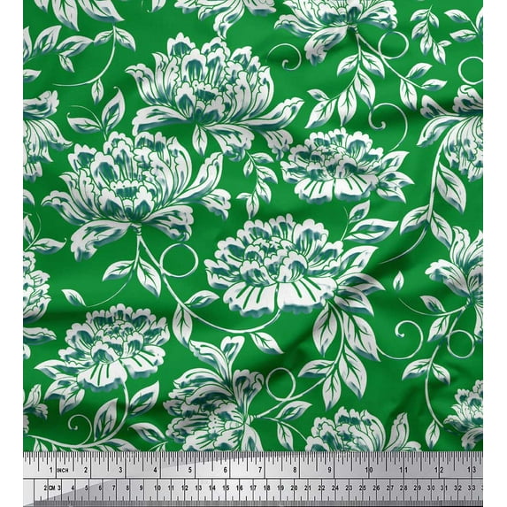 Soimoi Green Cotton Duck Fabric Artistic Leaf & Floral Print Fabric by Yard 56 Inch Wide