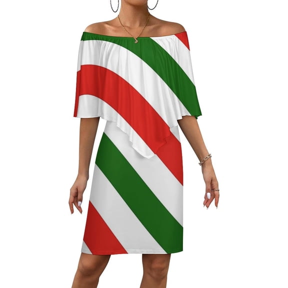 Red, White & Green Candy Cane Pattern Women's Off The Shoulder Ruffles Summer Wedding Guest Loose Casual Party Beach Dress