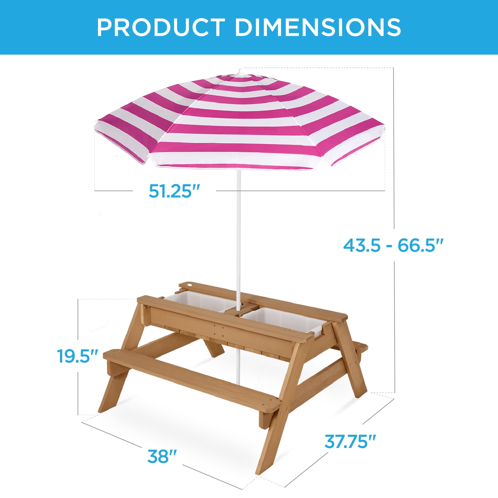 Best Choice Products Kids 3-in-1 Outdoor Sand and Water Activity Picnic Table with Umbrella - Natural/Dark Pink